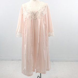 Vintage 70s Prairie Lace Robe Slip Dress Set Pink